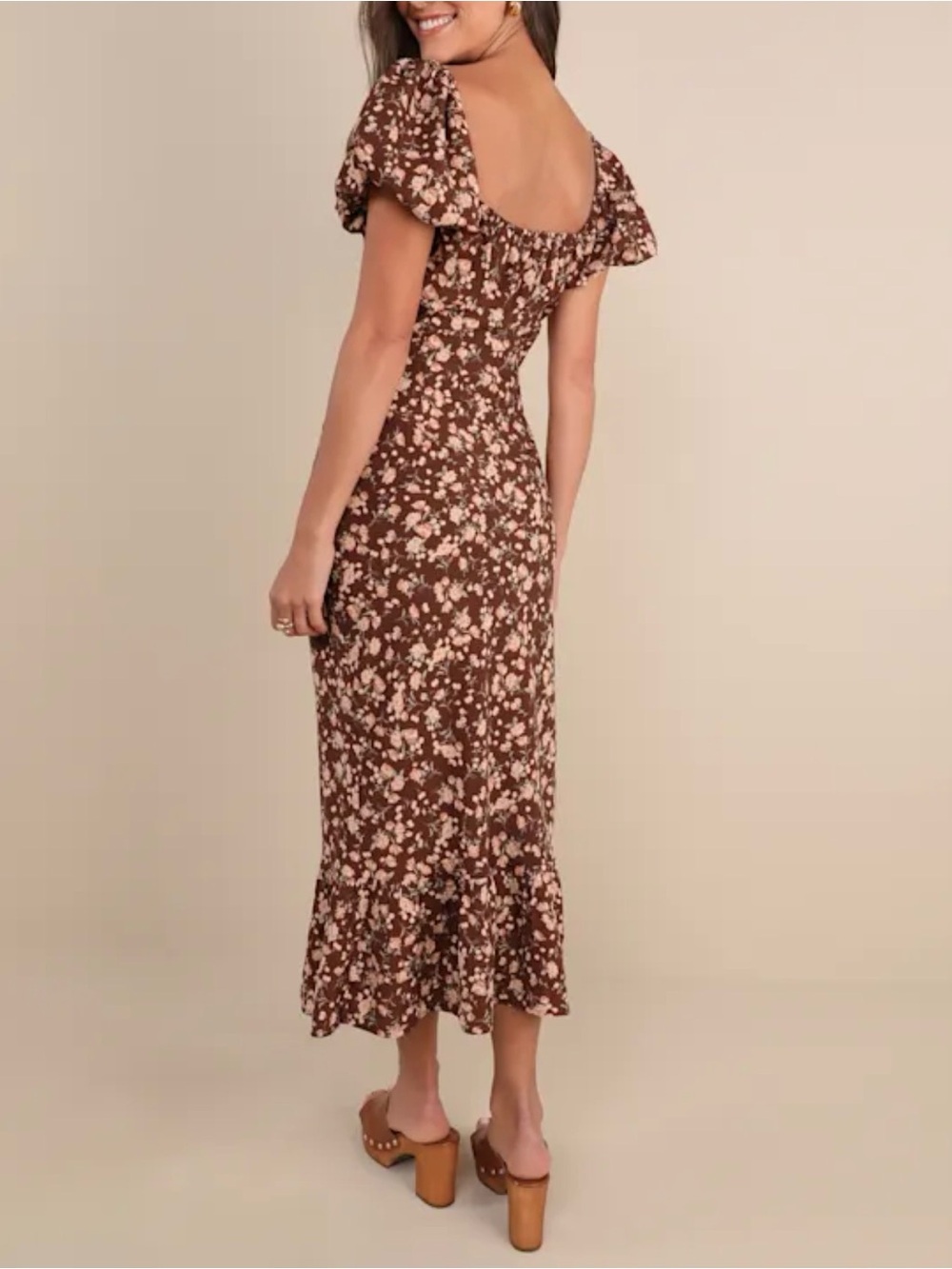 Lulu's Brown Floral Square-Neck Puff Sleeve Midi Dress - Picture 2 of 8